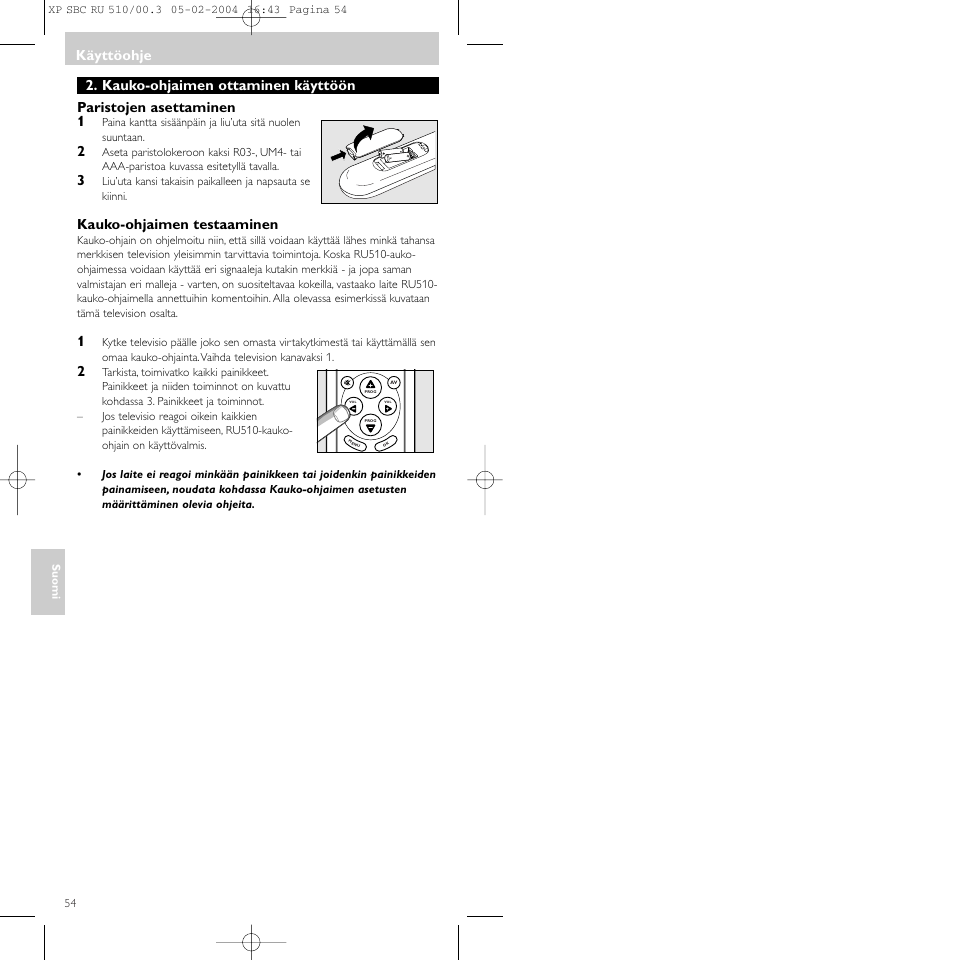 Käyttöohje, Kauko-ohjaimen testaaminen | Philips SBC RU 510/00U User Manual | Page 54 / 70