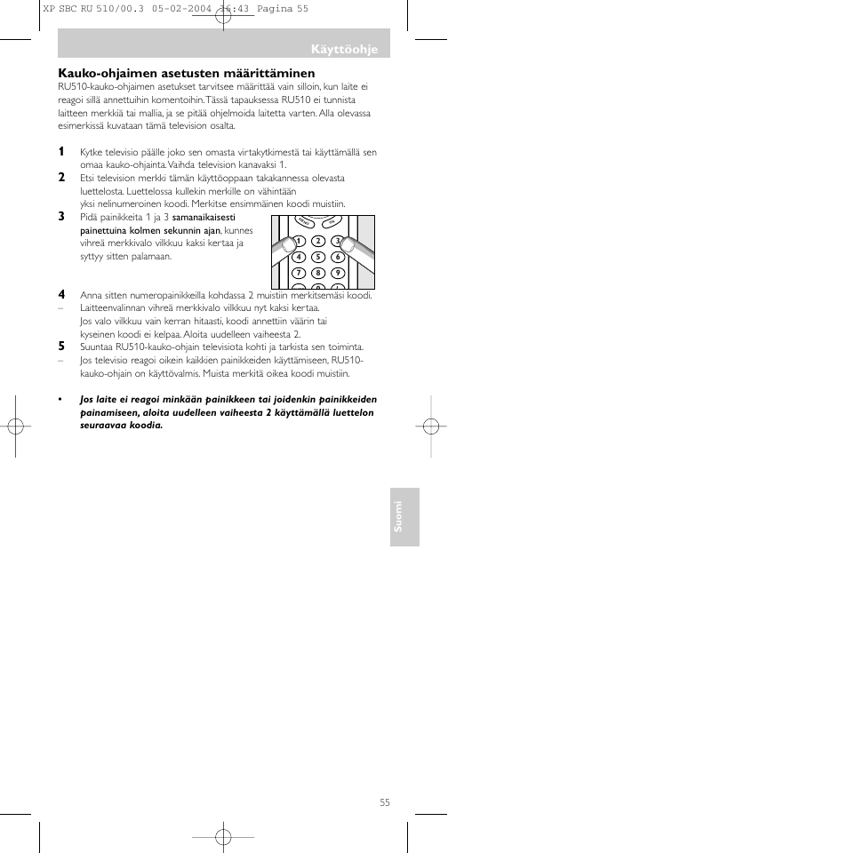 Käyttöohje, Kauko-ohjaimen asetusten määrittäminen | Philips SBC RU 510/00U User Manual | Page 55 / 70