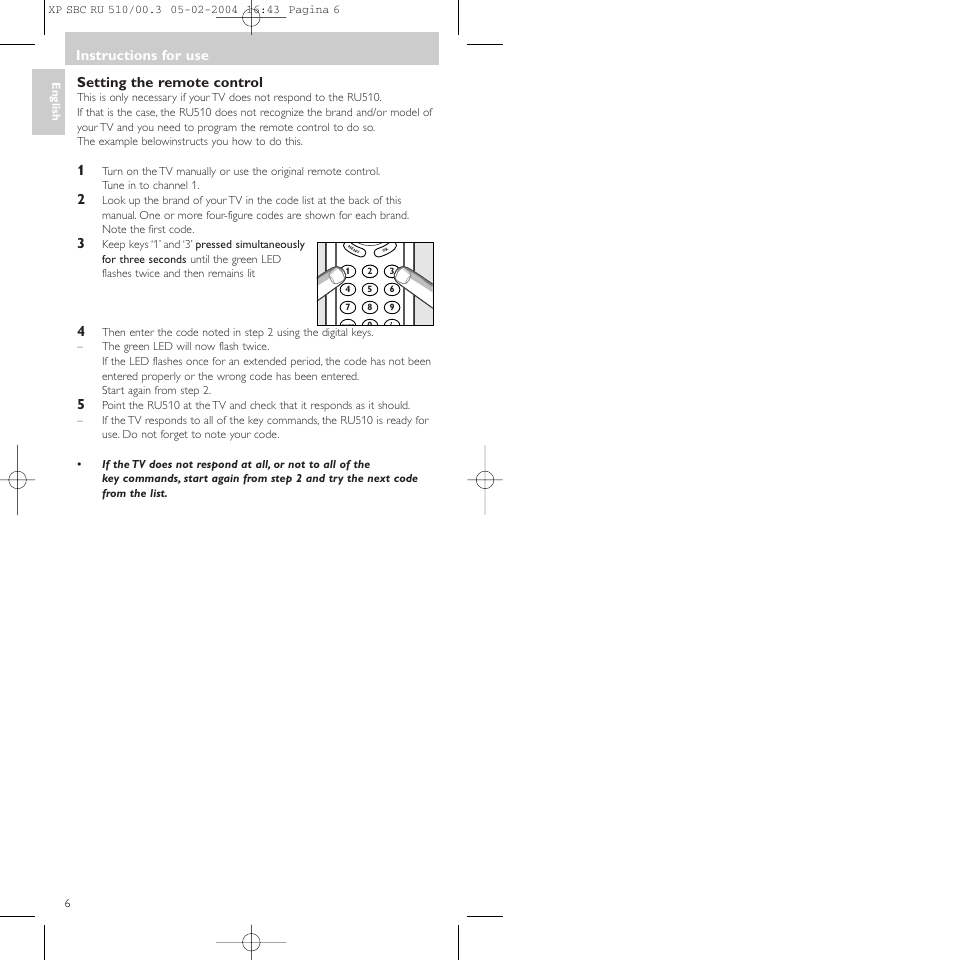 Setting the remote control, Instructions for use | Philips SBC RU 510/00U User Manual | Page 6 / 70