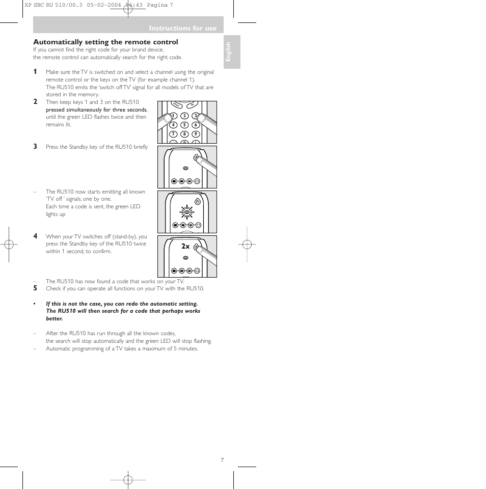 Automatically setting the remote control, Instructions for use | Philips SBC RU 510/00U User Manual | Page 7 / 70