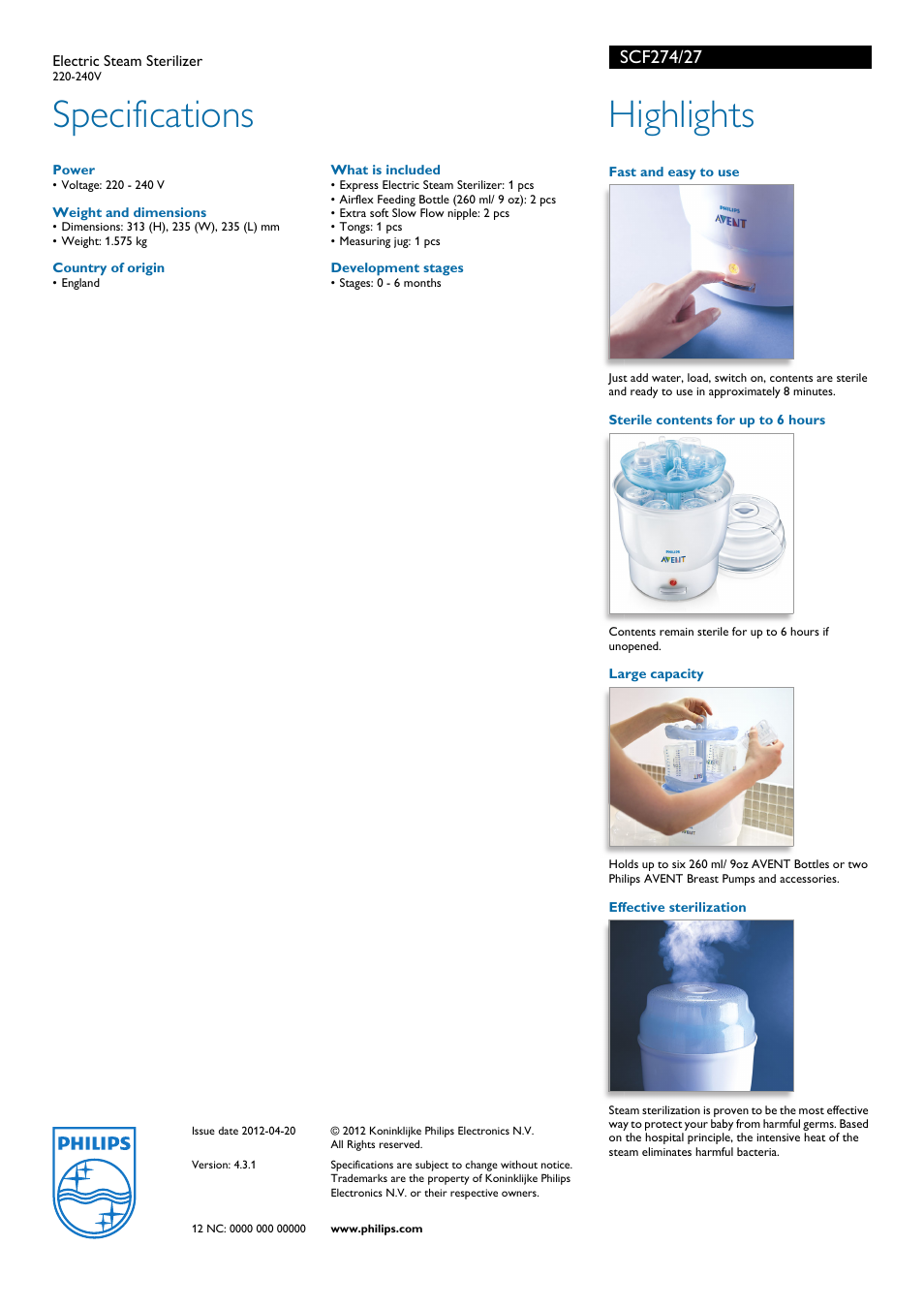 Specifications, Highlights | Philips Avent SCF274/27 User Manual | Page 2 / 2