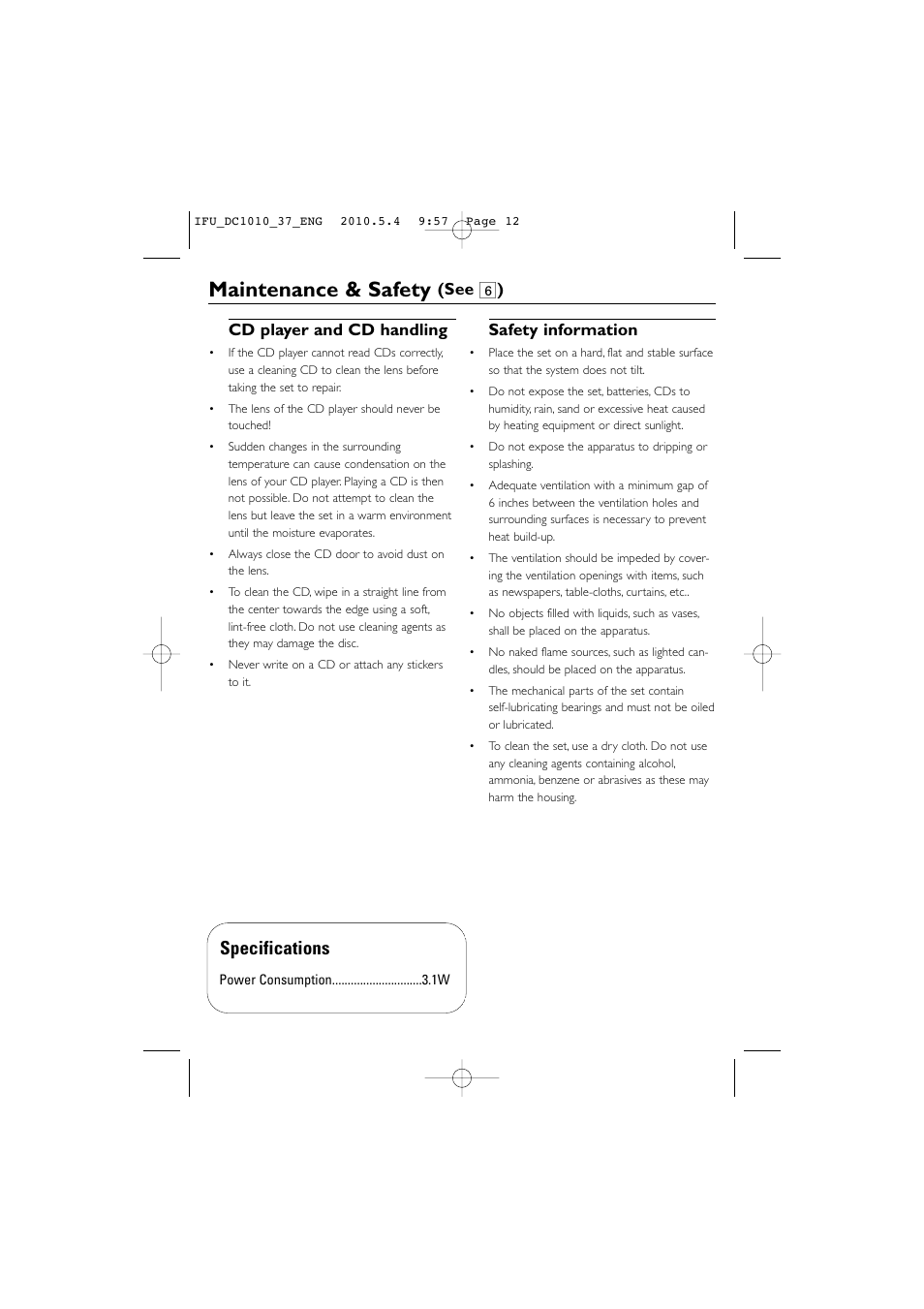 Maintenance & safety, Specifications, Cd player and cd handling | Safety information, See 6 ) | Philips DC1010 User Manual | Page 12 / 14