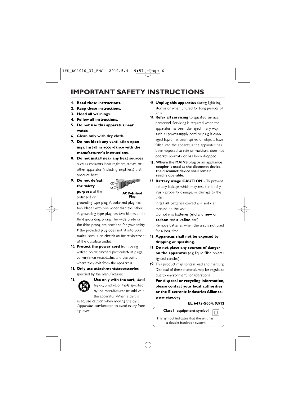 Important safety instructions | Philips DC1010 User Manual | Page 6 / 14