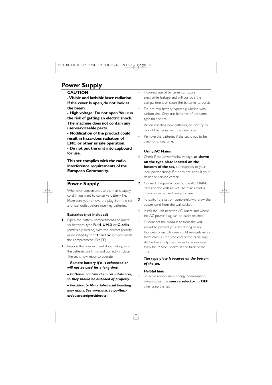 Power supply | Philips DC1010 User Manual | Page 8 / 14