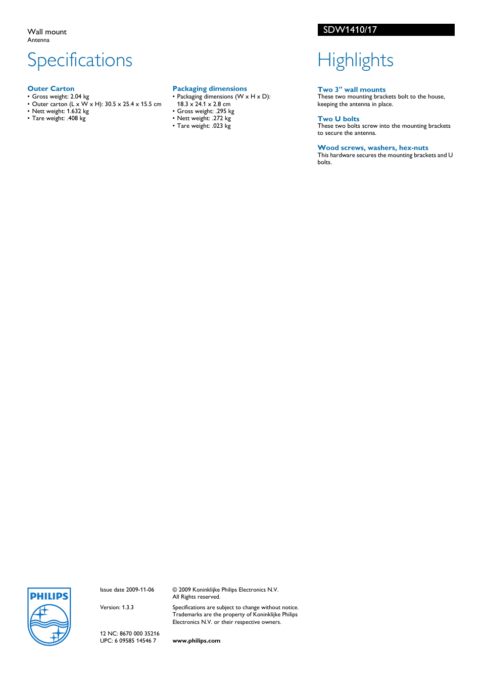 Specifications, Highlights | Philips SDW1410 User Manual | Page 2 / 2