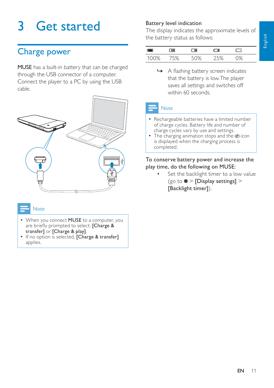 3 get started, Charge power | Philips GOGEAR SA3MUS16 User Manual | Page 11 / 60