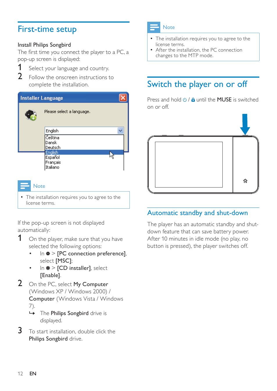 First-time setup, Switch the player on or off, Automatic standby and shut-down | Automatic standby and shut-down 12 | Philips GOGEAR SA3MUS16 User Manual | Page 12 / 60