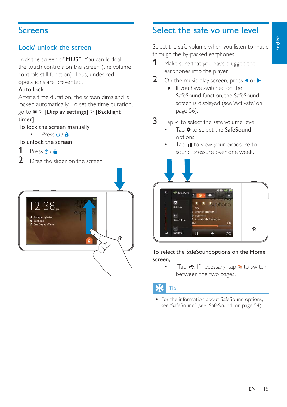 Screens, Lock/ unlock the screen, Select the safe volume level | Philips GOGEAR SA3MUS16 User Manual | Page 15 / 60