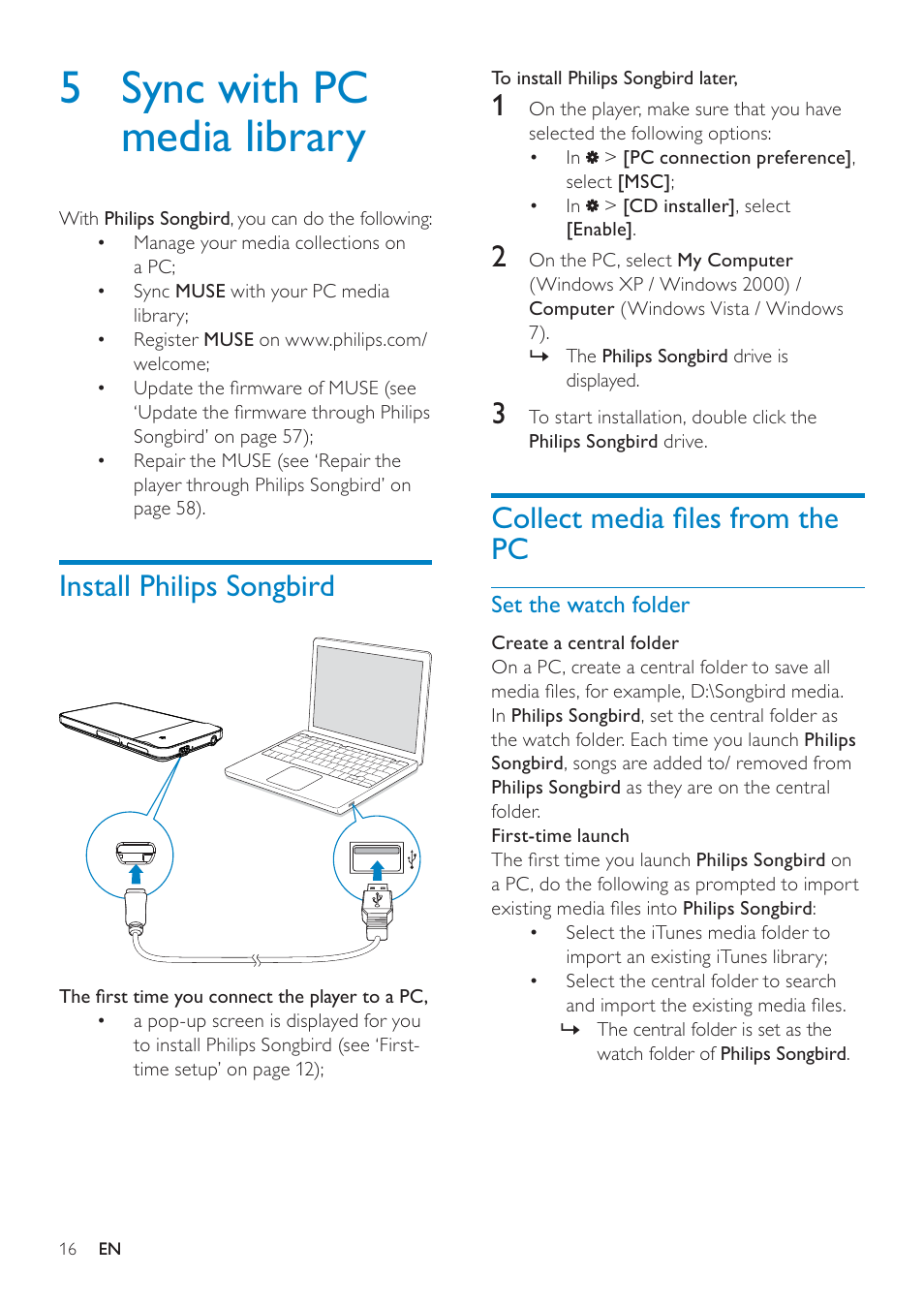 5 sync with pc media library, Install philips songbird, Collect media files from the pc | Set the watch folder, Collect media ﬁles from the pc | Philips GOGEAR SA3MUS16 User Manual | Page 16 / 60