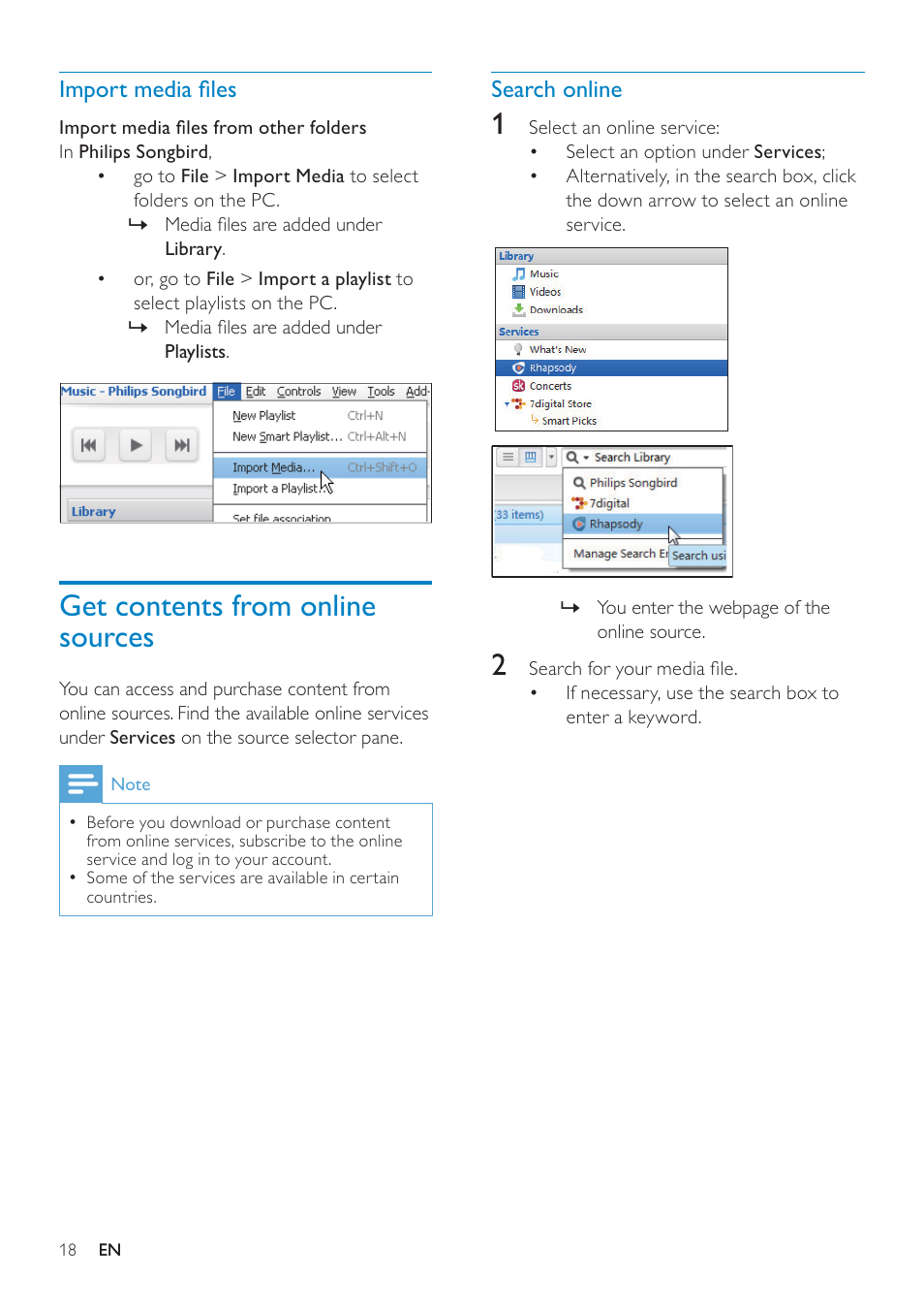 Import media files, Get contents from online sources, Search online | Import media ﬁles | Philips GOGEAR SA3MUS16 User Manual | Page 18 / 60