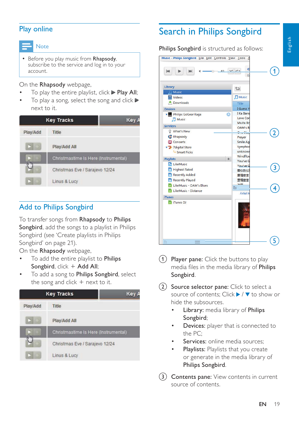 Play online, Add to philips songbird, Search in philips songbird | Philips GOGEAR SA3MUS16 User Manual | Page 19 / 60