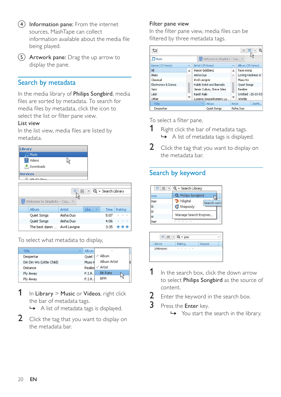 Search by metadata, Search by keyword | Philips GOGEAR SA3MUS16 User Manual | Page 20 / 60