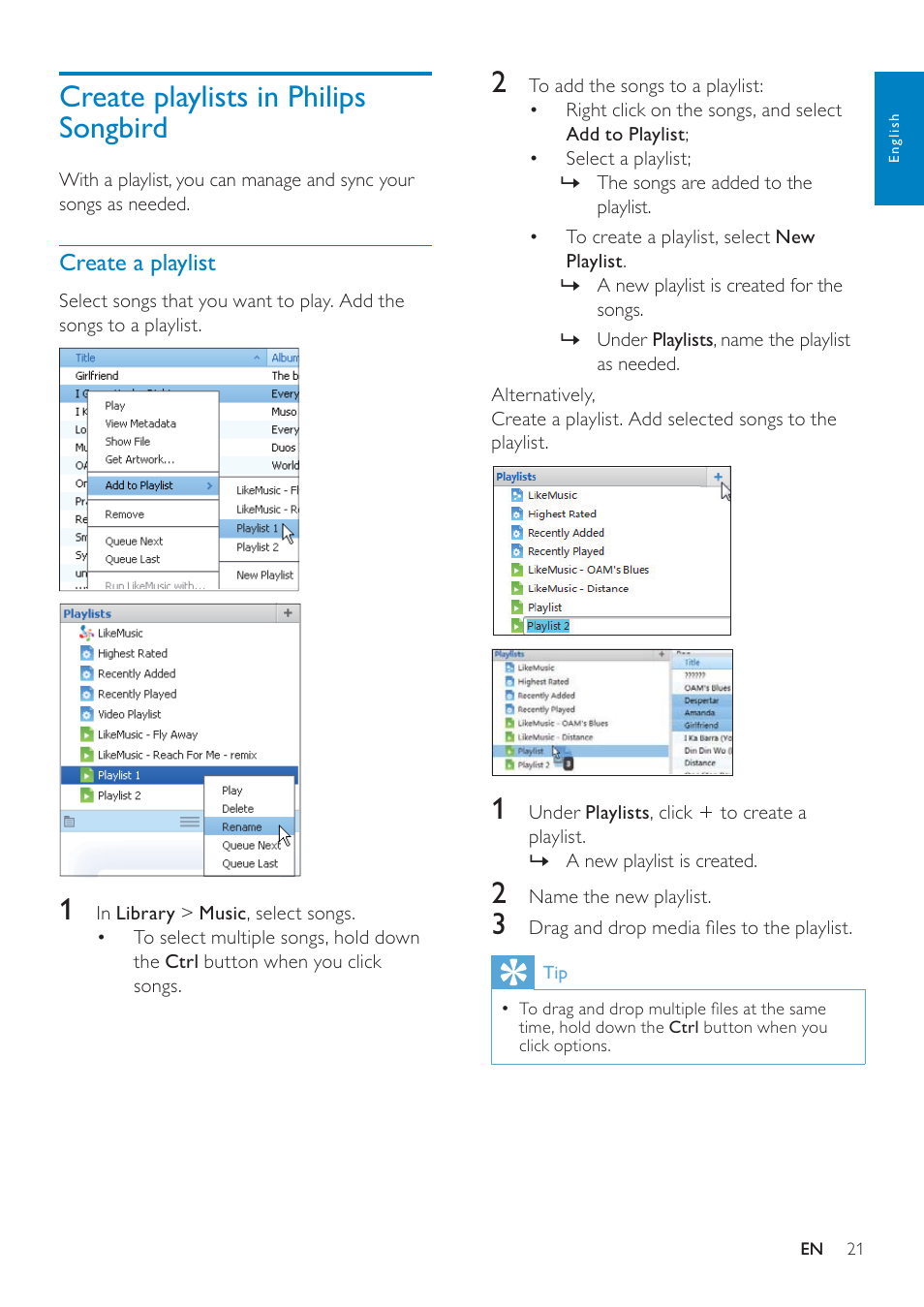 Create playlists in philips songbird, Create a playlist | Philips GOGEAR SA3MUS16 User Manual | Page 21 / 60