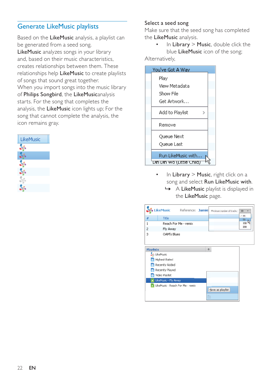 Generate likemusic playlists | Philips GOGEAR SA3MUS16 User Manual | Page 22 / 60