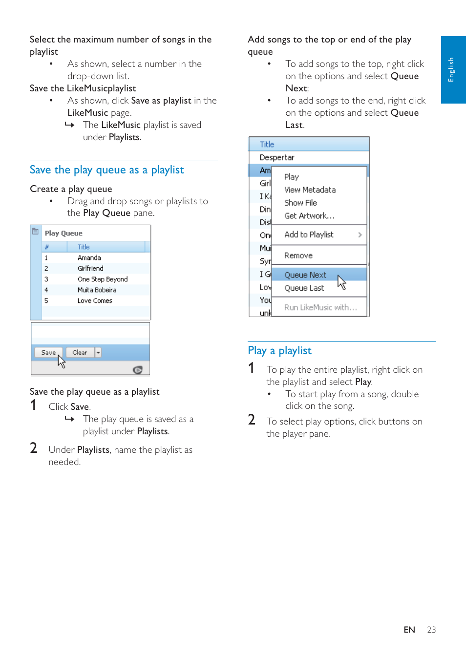 Save the play queue as a playlist, Play a playlist | Philips GOGEAR SA3MUS16 User Manual | Page 23 / 60