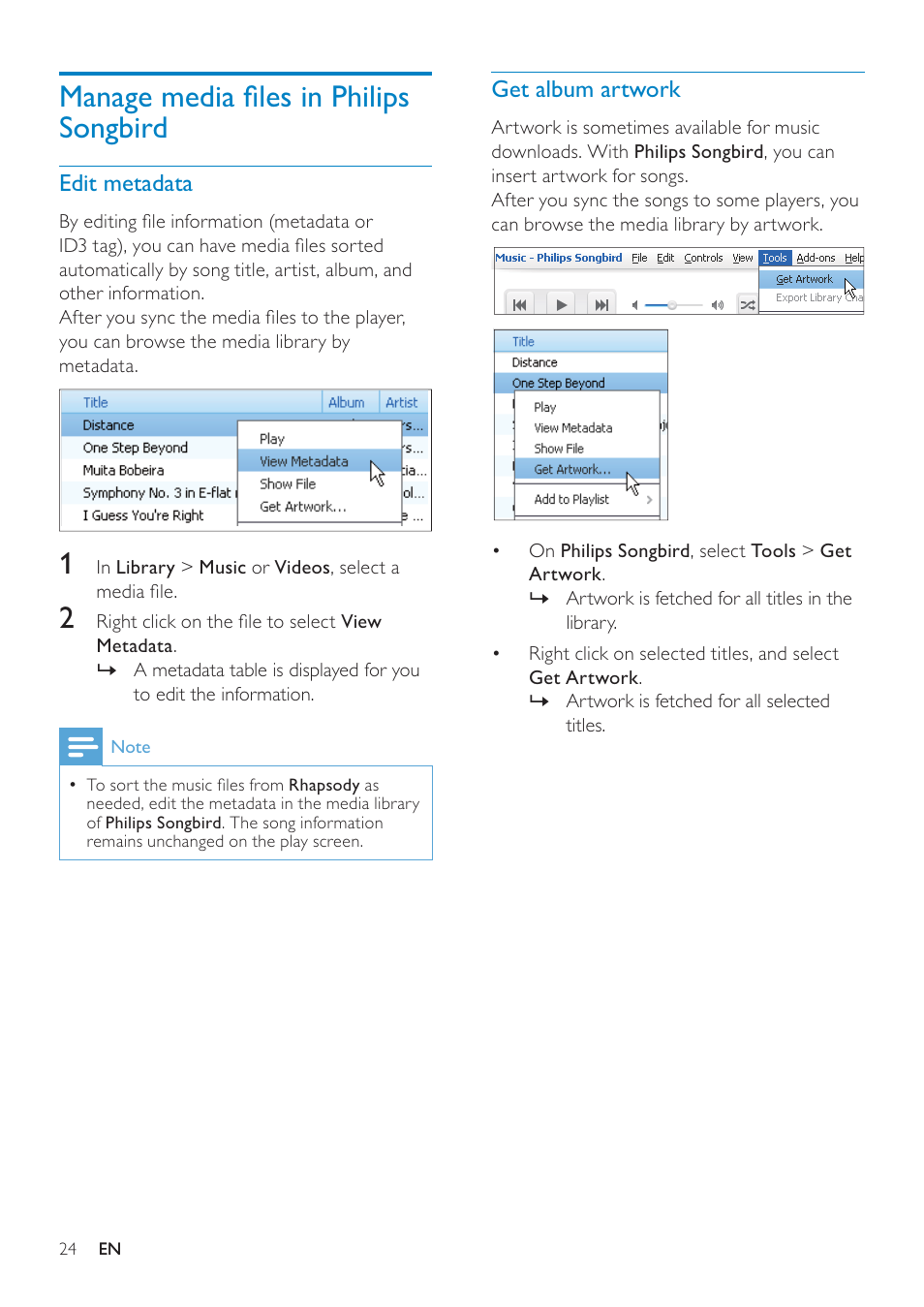 Manage media files in philips songbird, Edit metadata, Get album artwork | Manage media ﬁles in philips songbird 24, Manage media ﬁles in philips songbird | Philips GOGEAR SA3MUS16 User Manual | Page 24 / 60