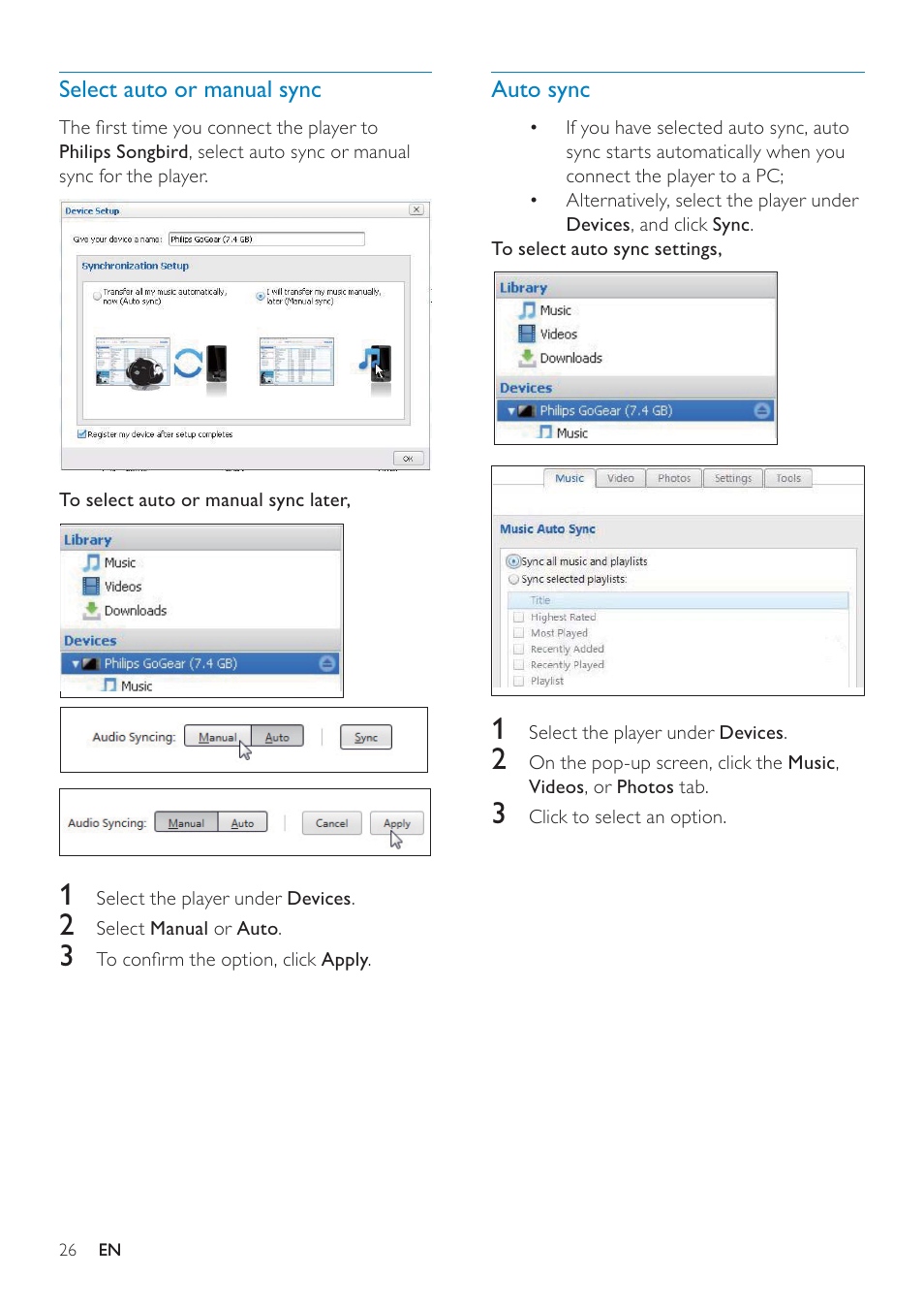 Select auto or manual sync, Auto sync | Philips GOGEAR SA3MUS16 User Manual | Page 26 / 60