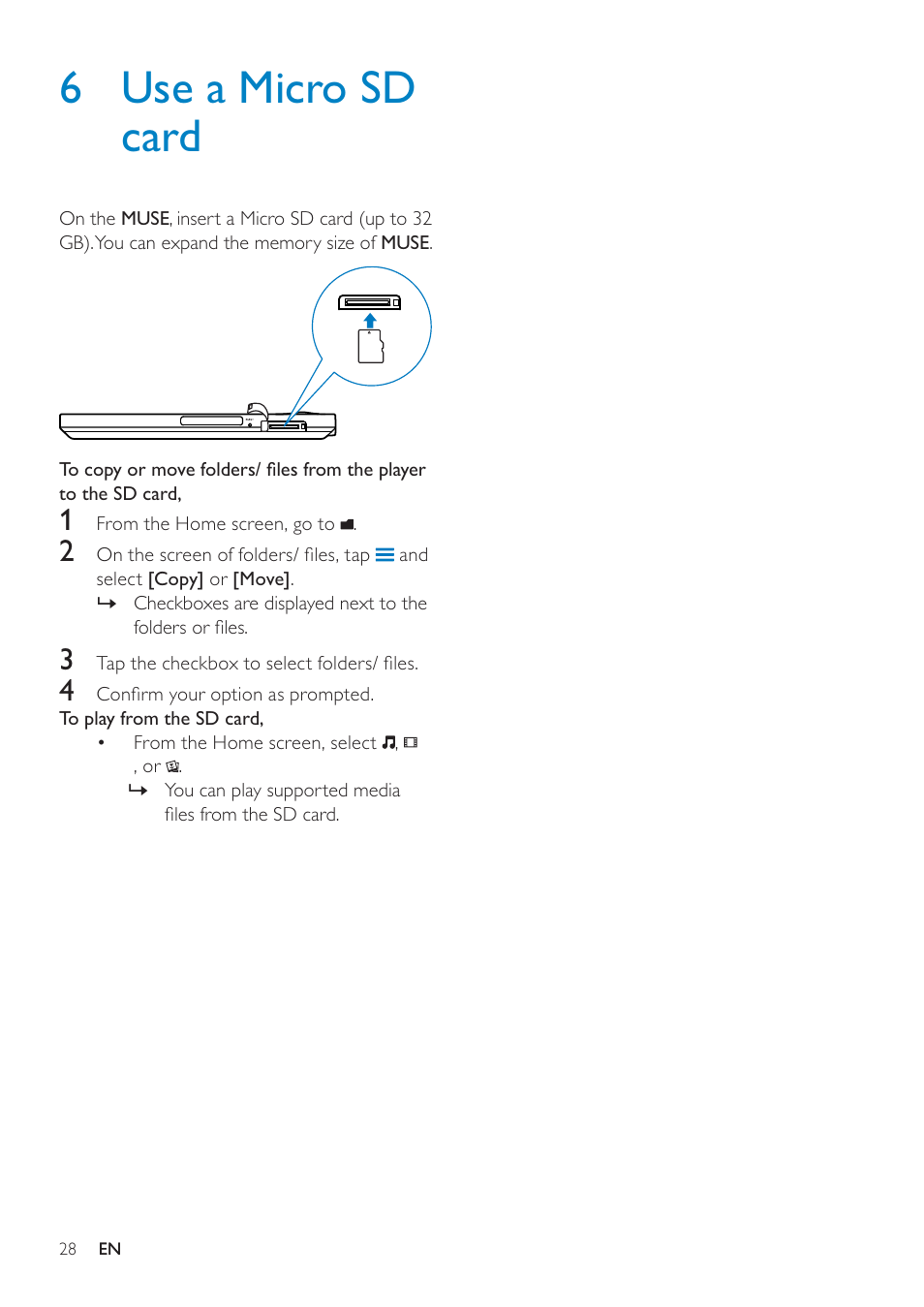 6 use a micro sd card | Philips GOGEAR SA3MUS16 User Manual | Page 28 / 60