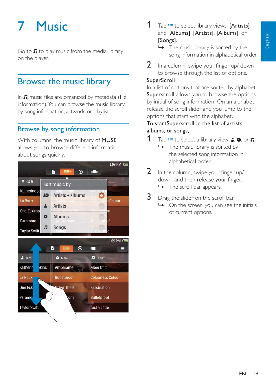 7 music, Browse the music library, Browse by song information | Philips GOGEAR SA3MUS16 User Manual | Page 29 / 60