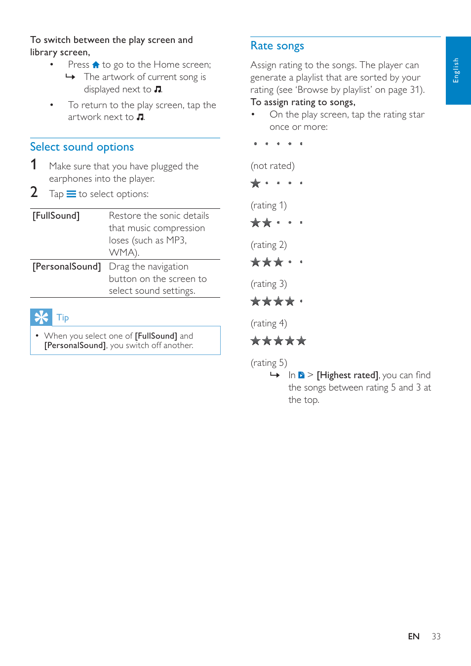 Select sound options, Rate songs | Philips GOGEAR SA3MUS16 User Manual | Page 33 / 60