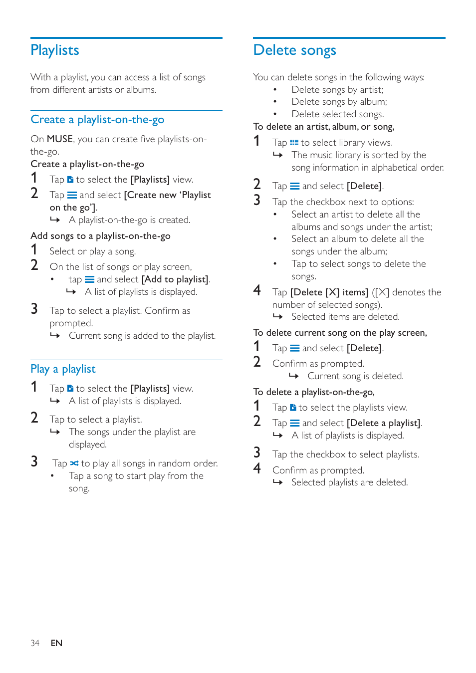 Playlists, Create a playlist-on-the-go, Play a playlist | Delete songs, Created by yourself on the player | Philips GOGEAR SA3MUS16 User Manual | Page 34 / 60