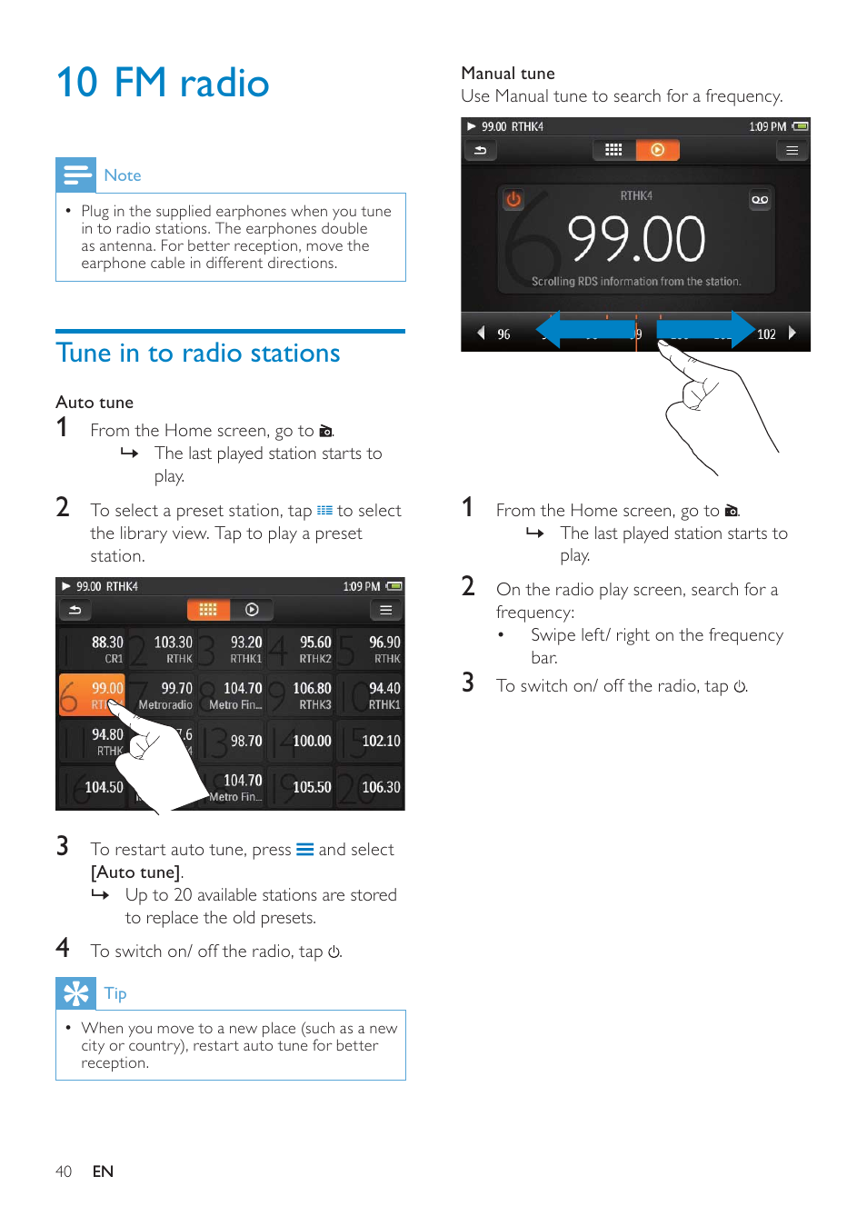 10 fm radio, Tune in to radio stations | Philips GOGEAR SA3MUS16 User Manual | Page 40 / 60