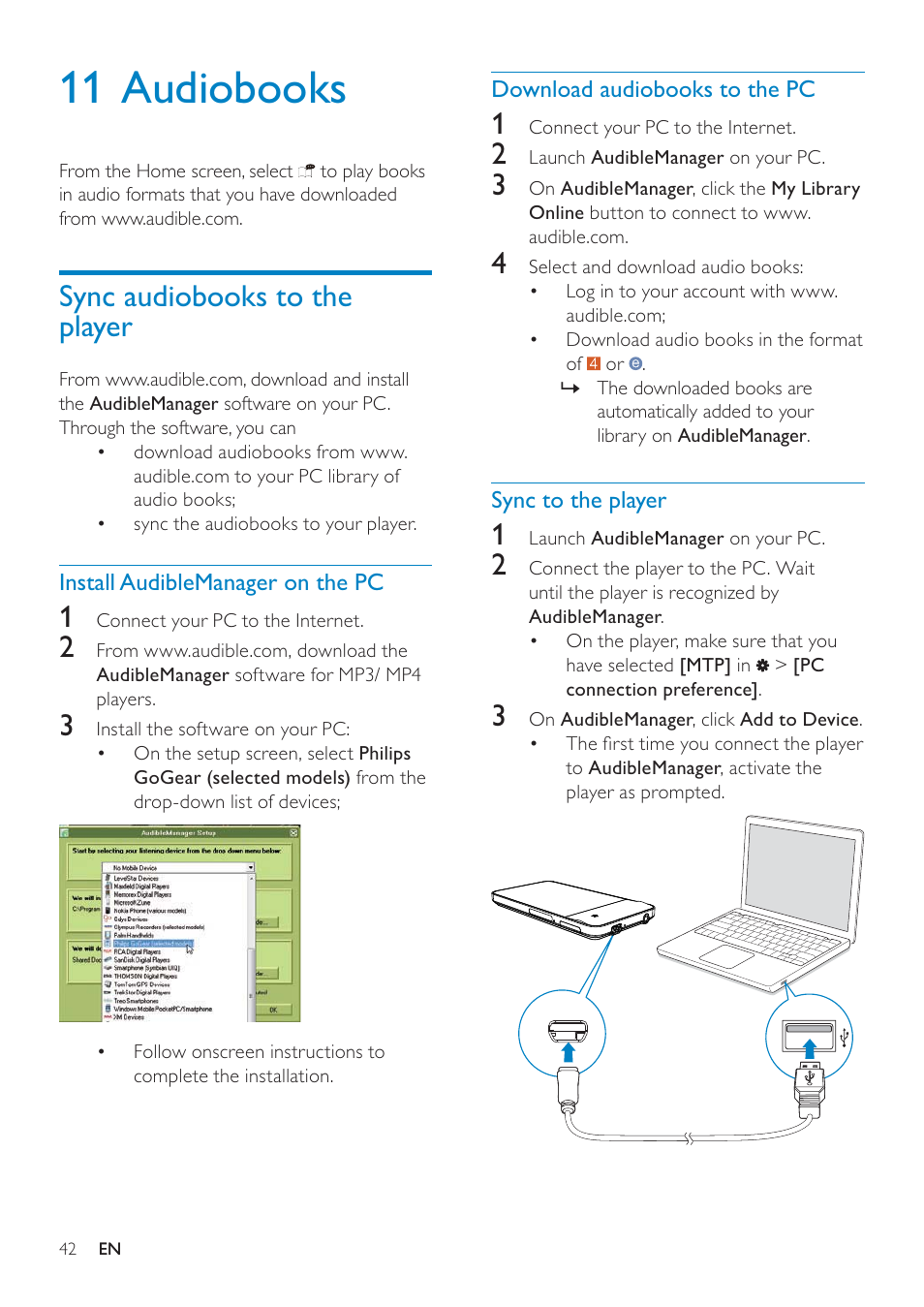 11 audiobooks, Sync audiobooks to the player, Install audiblemanager on the pc | Download audiobooks to the pc, Sync to the player | Philips GOGEAR SA3MUS16 User Manual | Page 42 / 60