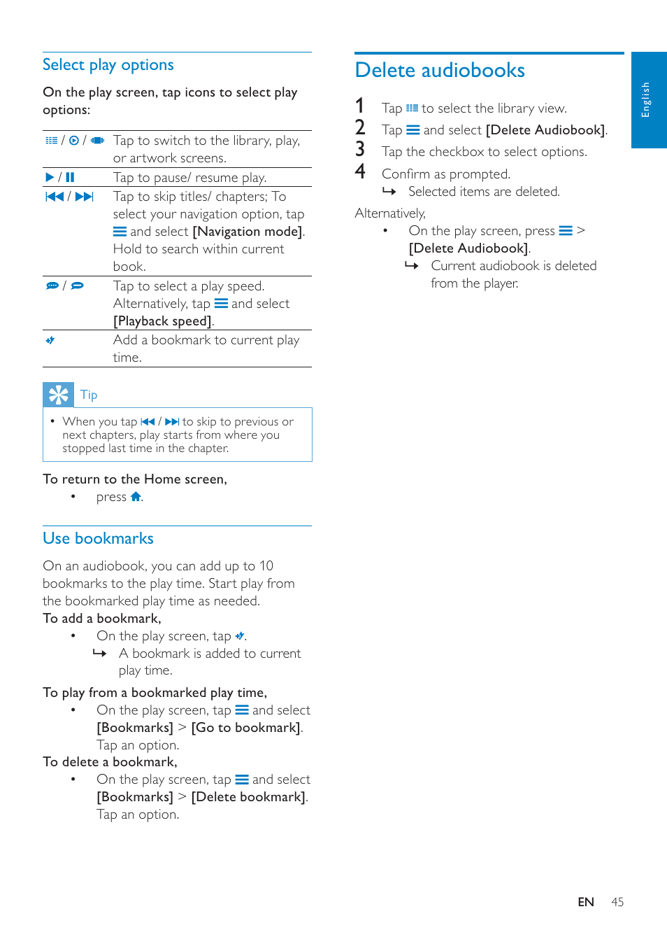 Select play options, Use bookmarks, Delete audiobooks | Delete audiobooks 1 | Philips GOGEAR SA3MUS16 User Manual | Page 45 / 60