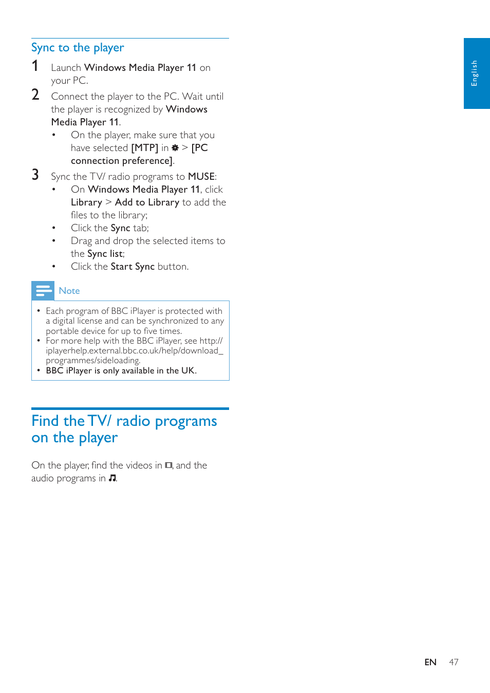 Sync to the player, Find the tv/ radio programs on the player, Find the tv/ radio programs on the | Player | Philips GOGEAR SA3MUS16 User Manual | Page 47 / 60