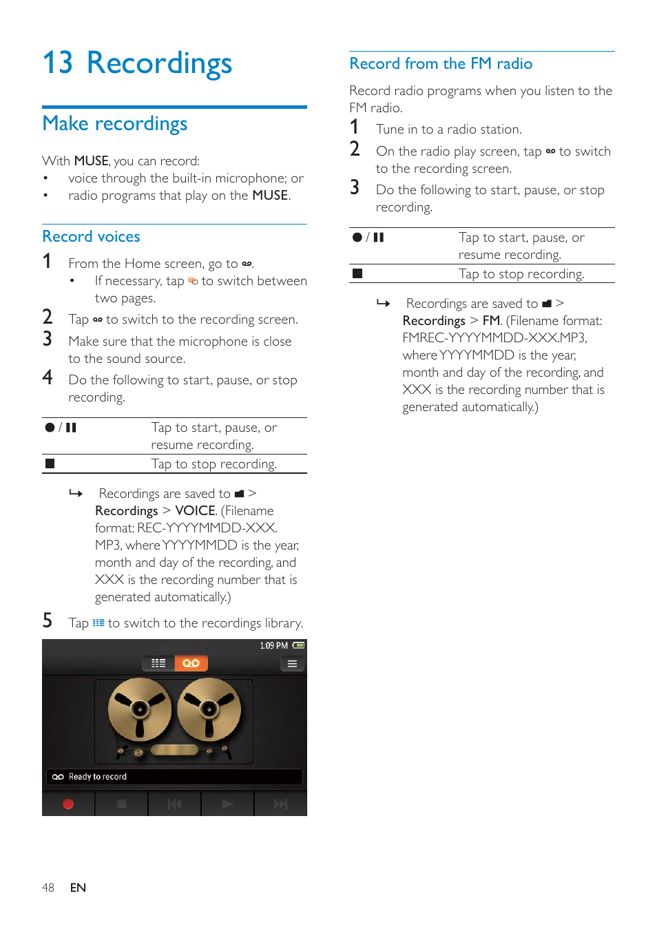 13 recordings, Make recordings, Record voices | Record from the fm radio | Philips GOGEAR SA3MUS16 User Manual | Page 48 / 60