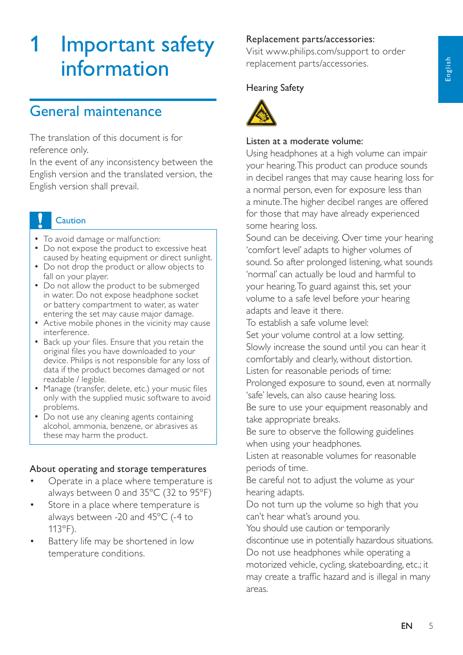 1 important safety information, General maintenance | Philips GOGEAR SA3MUS16 User Manual | Page 5 / 60