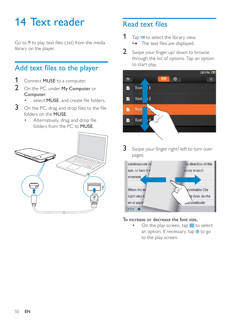 14 text reader, Add text files to the player, Read text files | Add text ﬁles to the player, Read text ﬁles, Read text ﬁles 1, Add text ﬁles to the player 1 | Philips GOGEAR SA3MUS16 User Manual | Page 50 / 60