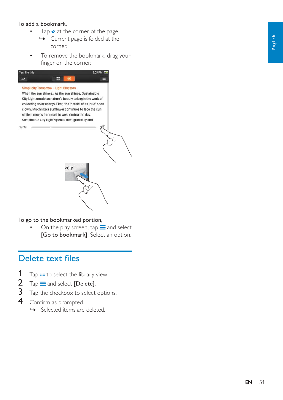 Delete text files, Delete text ﬁles, Delete text ﬁles 1 | Philips GOGEAR SA3MUS16 User Manual | Page 51 / 60