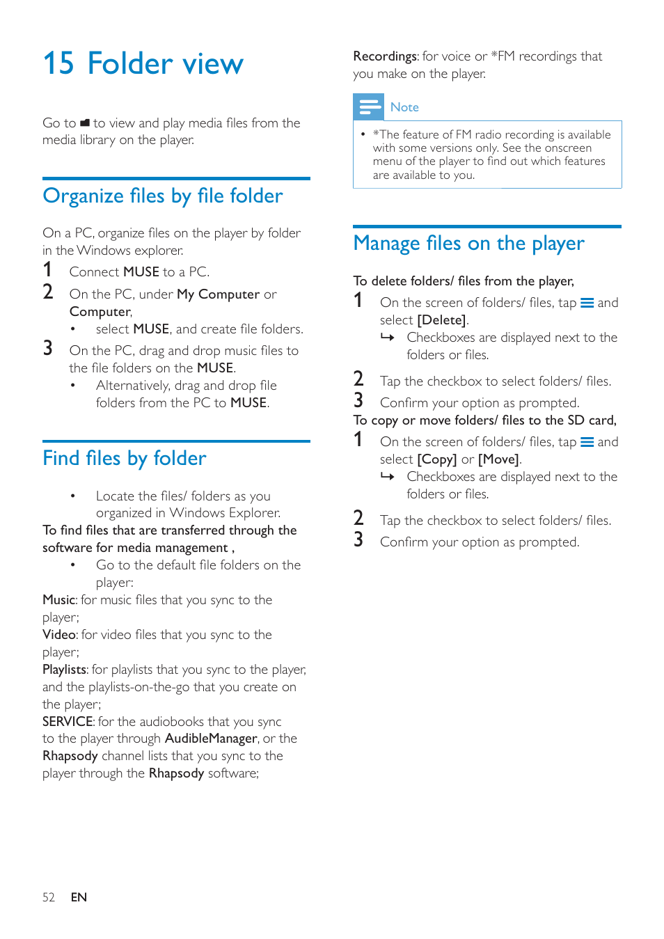 15 folder view, Organize files by file folder, Find files by folder | Manage files on the player, Organize ﬁles by ﬁle folder, Find ﬁles by folder, Manage ﬁles on the player, In the windows explorer on a pc, you, Can save a lyrics ﬁle (.lrc) for a song ﬁle, E 52 | Philips GOGEAR SA3MUS16 User Manual | Page 52 / 60