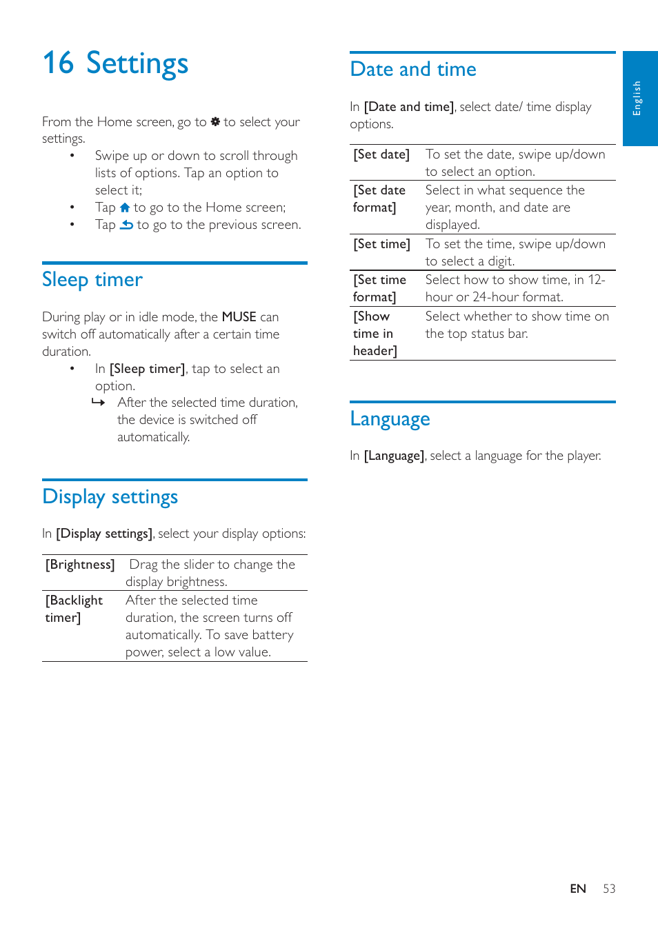 16 settings, Sleep timer, Display settings | Date and time, Language | Philips GOGEAR SA3MUS16 User Manual | Page 53 / 60