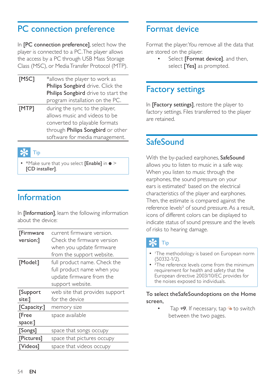 Pc connection preference, Information, Format device | Factory settings, Safesound, E 54) | Philips GOGEAR SA3MUS16 User Manual | Page 54 / 60