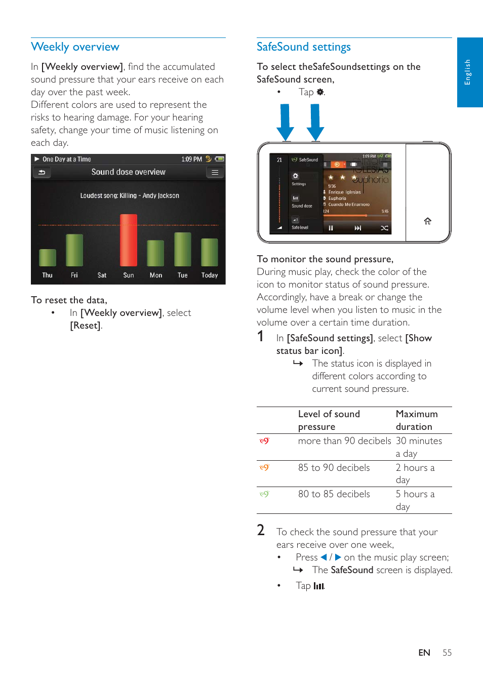 Weekly overview, Safesound settings | Philips GOGEAR SA3MUS16 User Manual | Page 55 / 60