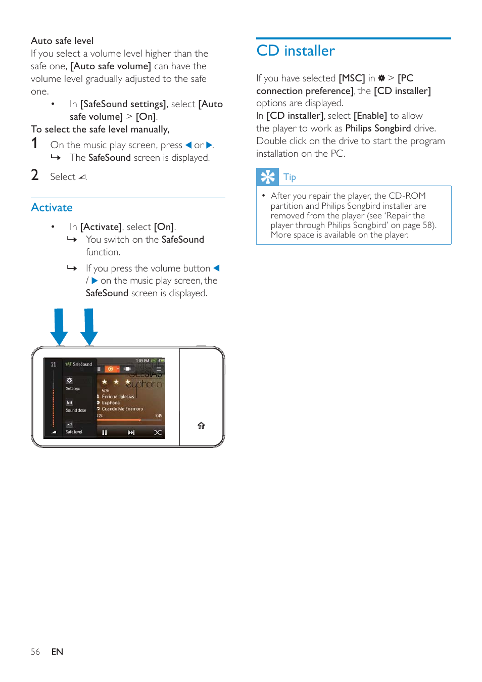 Activate, Cd installer, If you have switched on the | Philips GOGEAR SA3MUS16 User Manual | Page 56 / 60