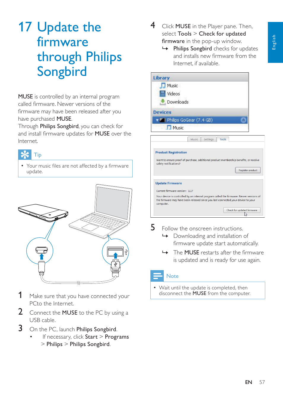 17 update the firmware through philips songbird, 17 update the ﬁrmware through, Philips songbird | Update the ﬁrmware of muse | Philips GOGEAR SA3MUS16 User Manual | Page 57 / 60