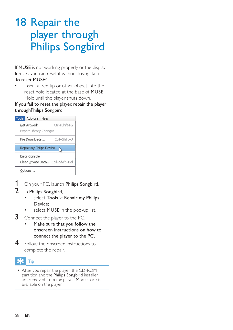 18 repair the player through philips songbird, 18 repair the player through philips, Songbird | Repair the muse | Philips GOGEAR SA3MUS16 User Manual | Page 58 / 60