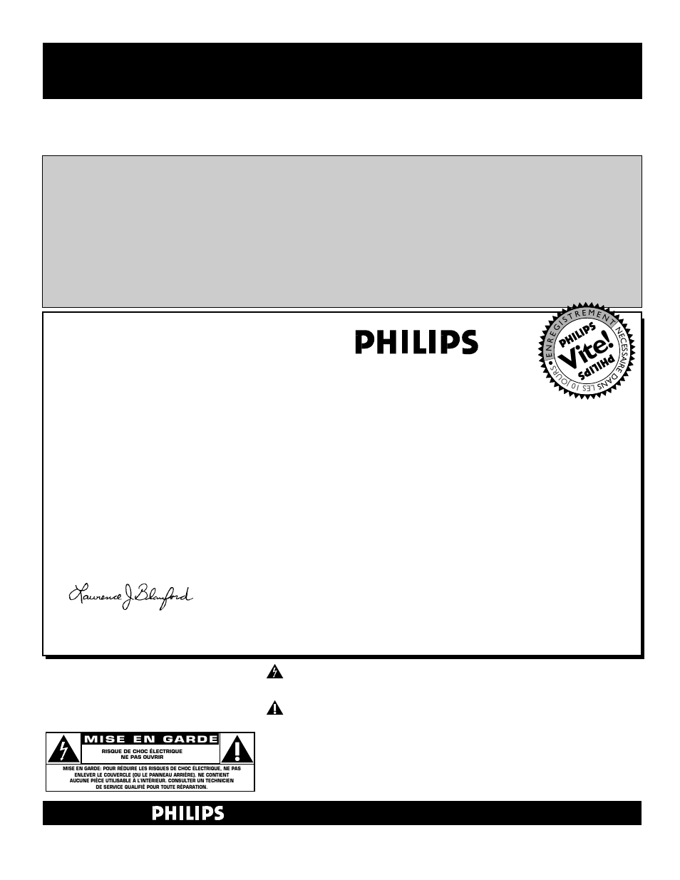 Vite, Sécurité, Vérification de la garantie | Confirmation de propriété, Enregistrement de modèle, Reconnaissez ces symboles de | Philips 60PP 9352 User Manual | Page 2 / 72