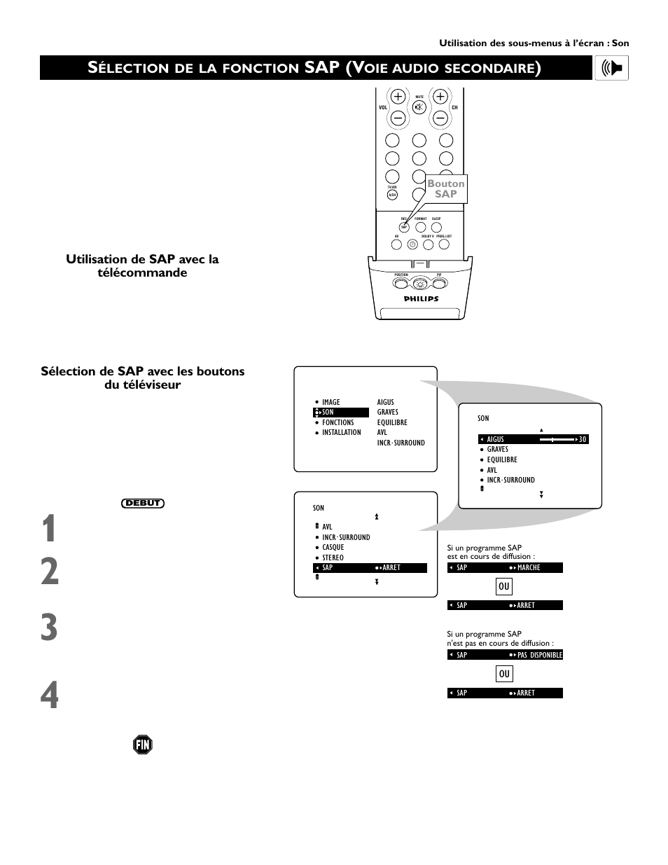 Sap (v, Élection de la fonction, Oie audio secondaire | Sélection de sap avec les boutons du téléviseur, Utilisation de sap avec la télécommande | Philips 60PP 9352 User Manual | Page 37 / 72
