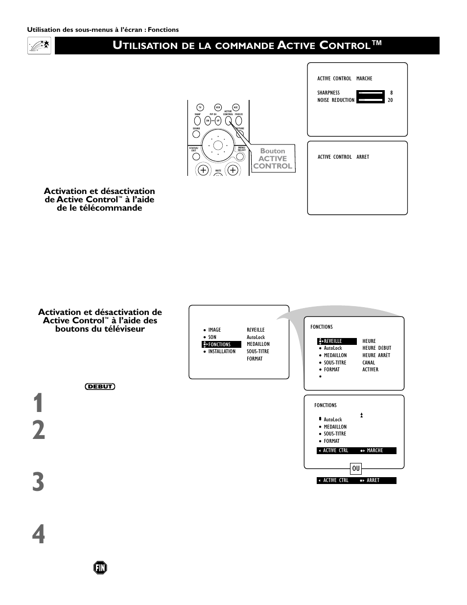 Tilisation de la commande, Ctive, Ontrol | Activation et désactivation de active control, À l’aide des boutons du téléviseur, À l’aide de le télécommande | Philips 60PP 9352 User Manual | Page 56 / 72