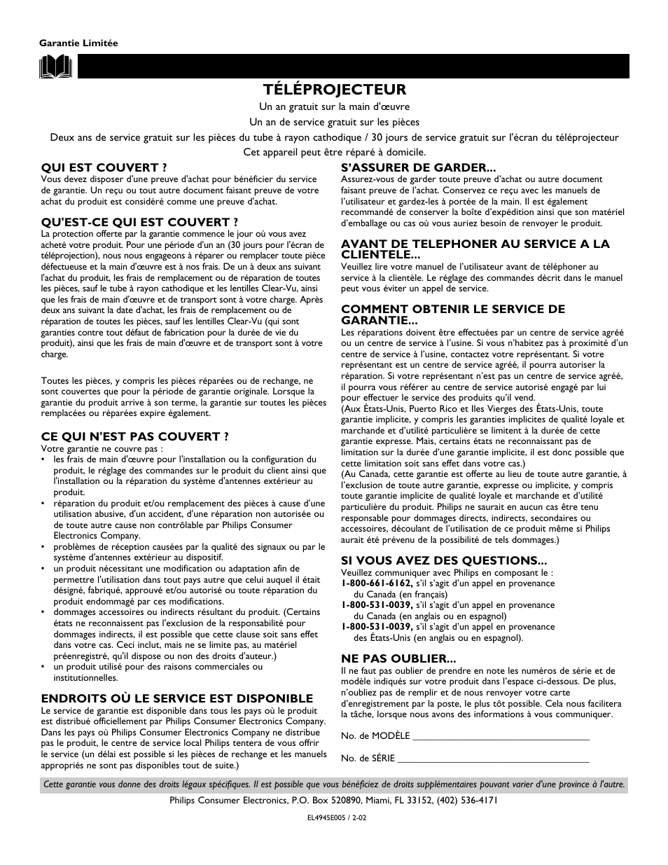 Arantie limitée, Téléprojecteur | Philips 60PP 9352 User Manual | Page 72 / 72