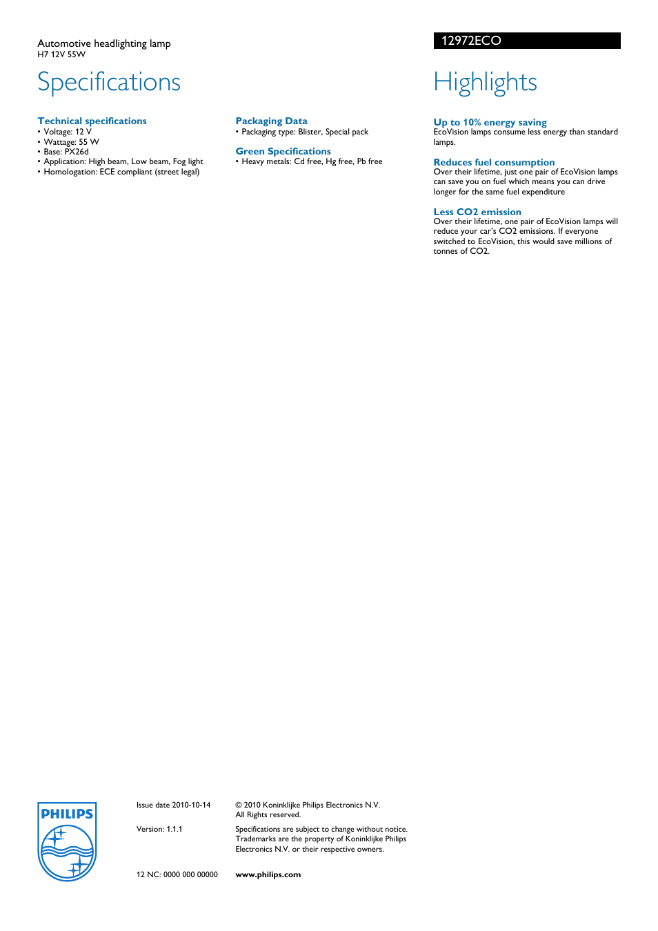 Automotive headlighting lamp, Up to 10% energy saving, Reduces fuel consumption | Less co2 emission, Specifications, Highlights, Philips | Philips 12972ECO User Manual | Page 2 / 2