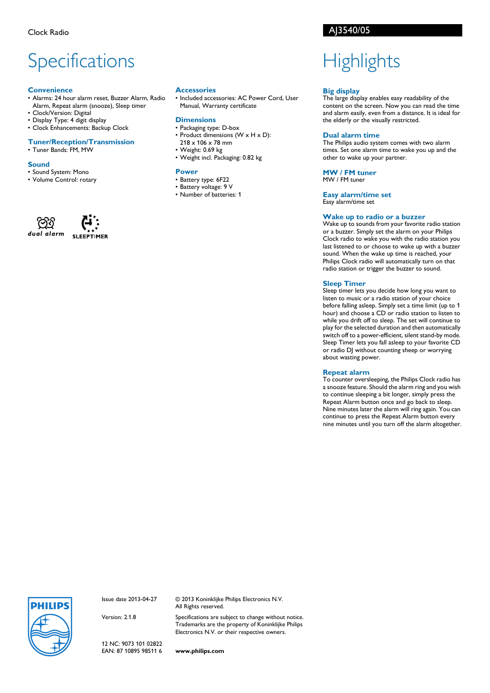 Specifications, Highlights | Philips AJ3540/05 User Manual | Page 2 / 2