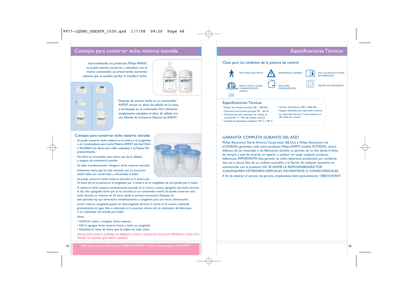 Especificaciones técnicas, Consejos para conservar leche materna extraída | Philips ISIS SCF292/15 User Manual | Page 25 / 39