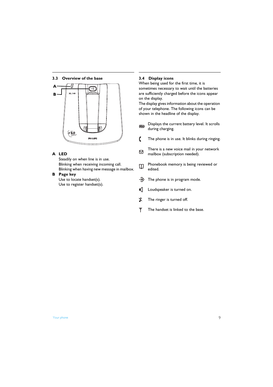 3 overview of the base, 4 display icons, Overview of the base | Display icons | Philips XL3402 User Manual | Page 11 / 32