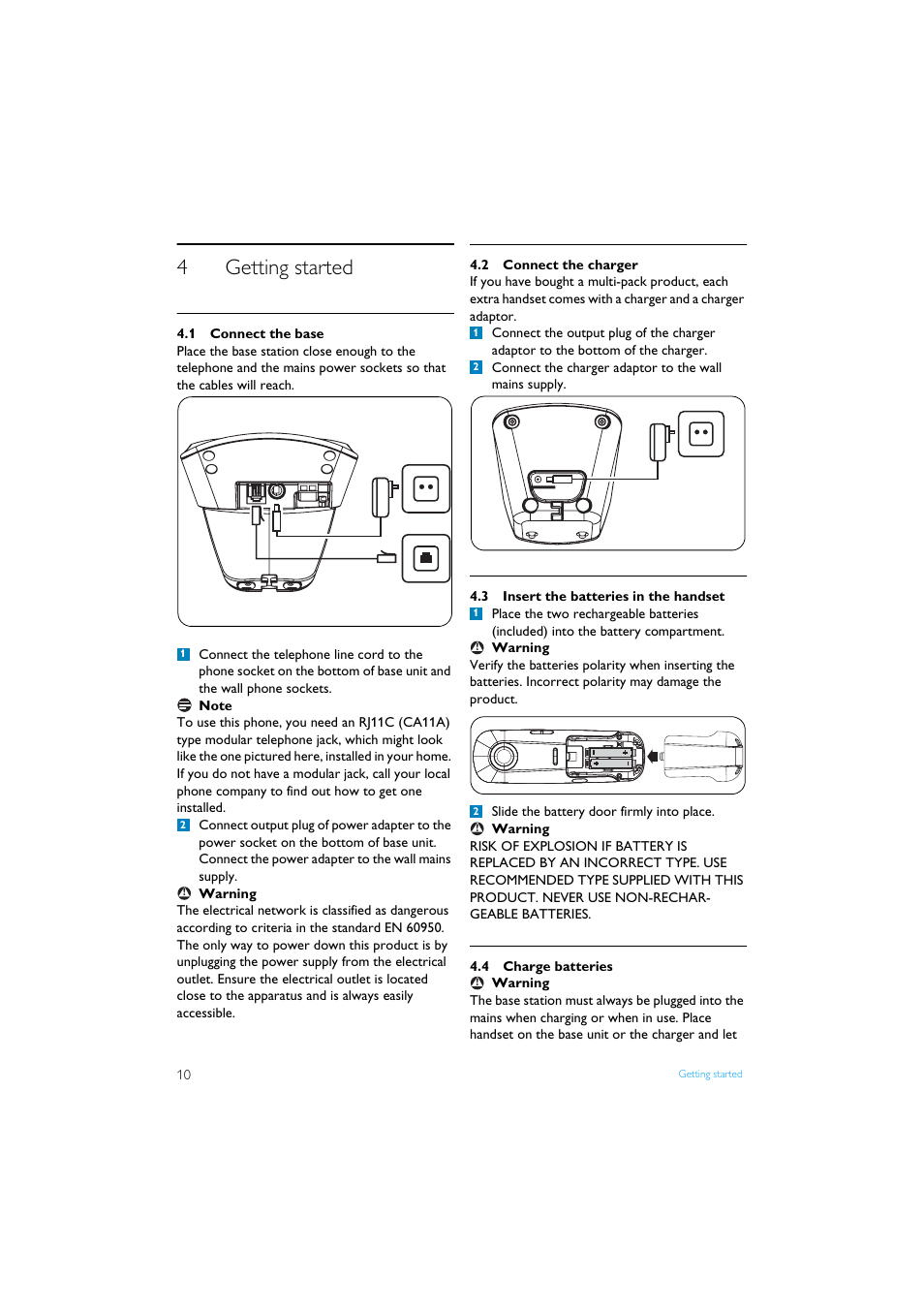 4 getting started, 1 connect the base, 2 connect the charger | 3 insert the batteries in the handset, 4 charge batteries, Getting started, Connect the charger, Insert the batteries in the handset, Charge batteries, 4getting started | Philips XL3402 User Manual | Page 12 / 32