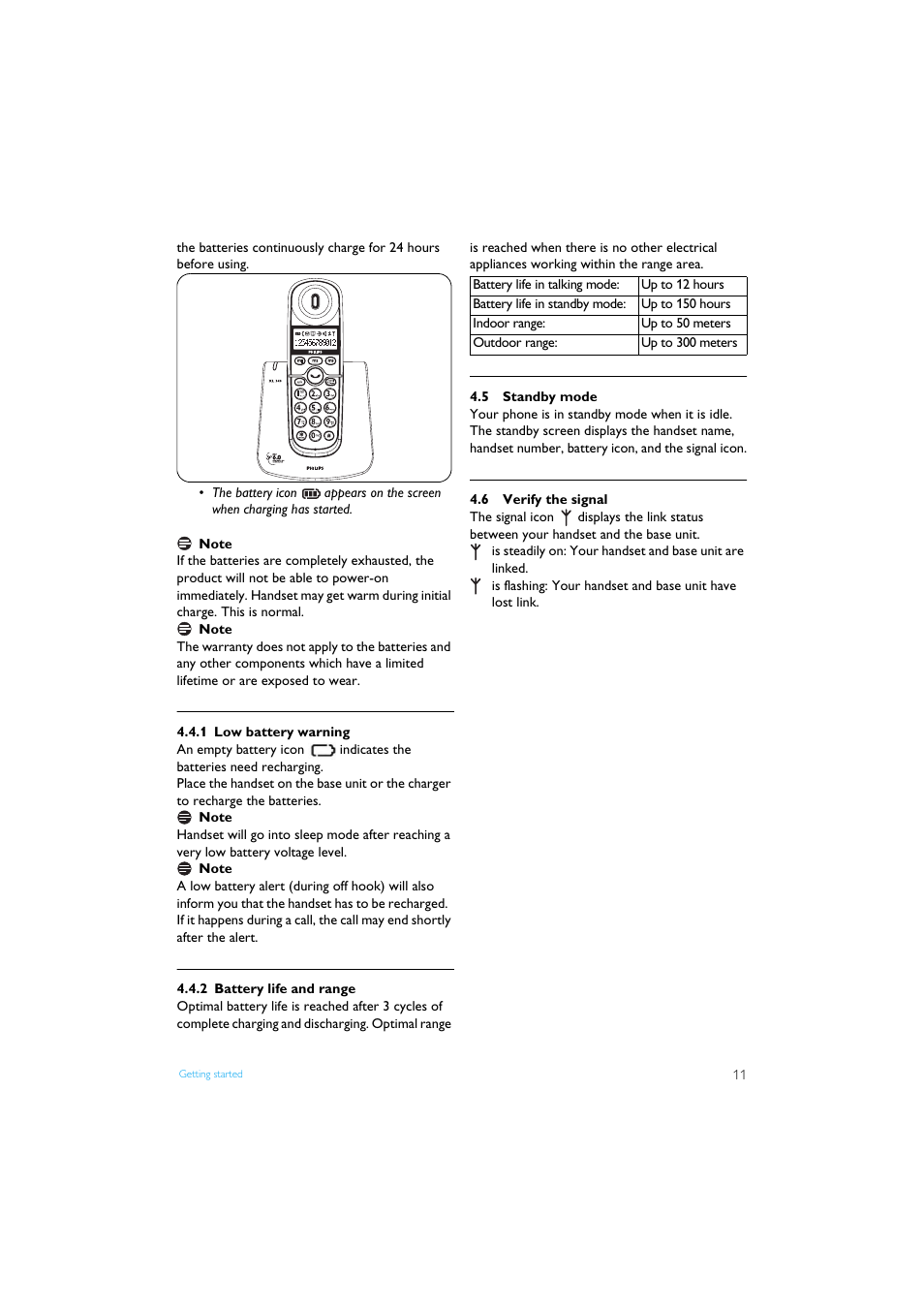 1 low battery warning, 2 battery life and range, 5 standby mode | 6 verify the signal, Standby mode, Verify the signal | Philips XL3402 User Manual | Page 13 / 32